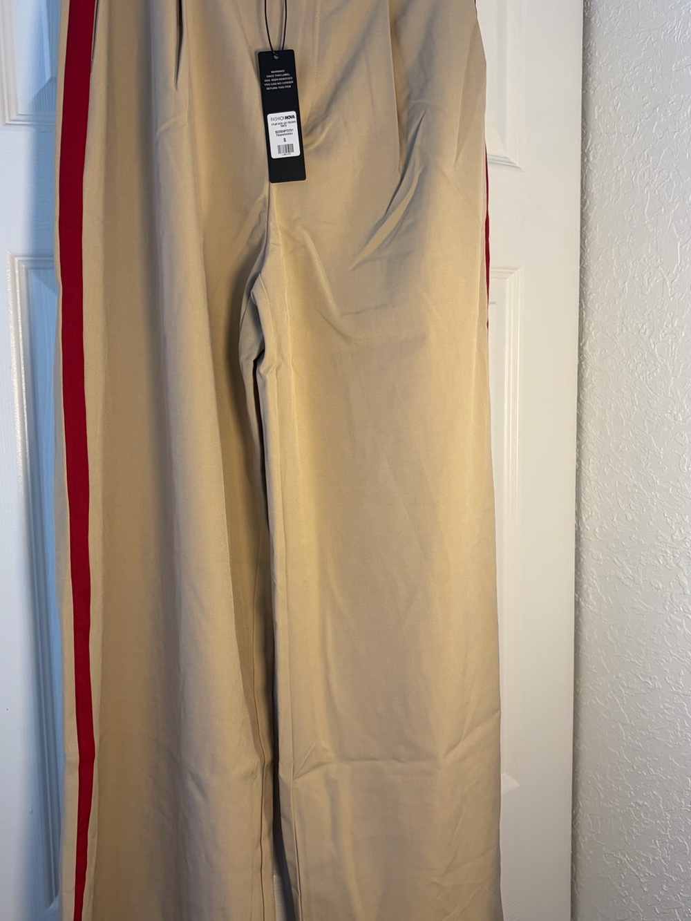 Fashion Nova Beige Wide Leg Pants with Red Side Stripe